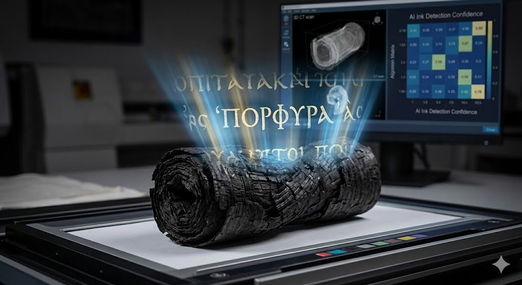 Herculaneum Scrolls AI success revealing the Greek word Porphyras